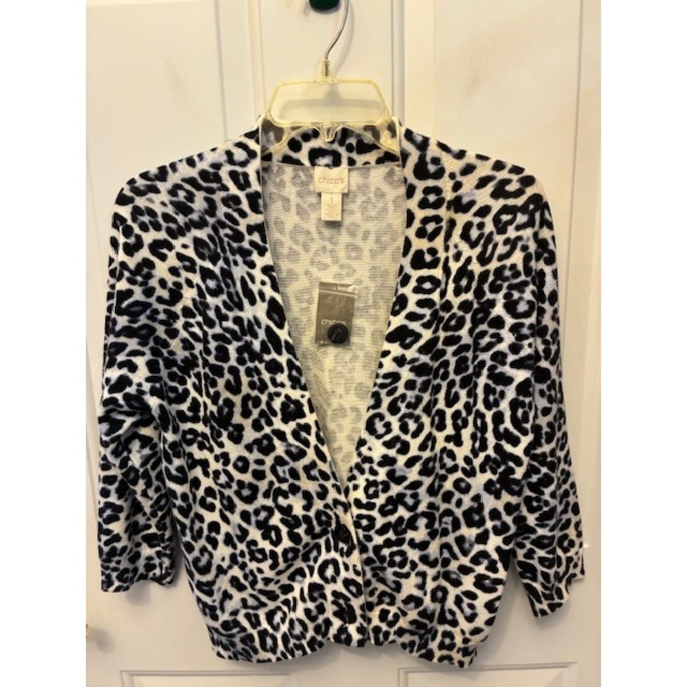 Chico's Carrie Cardigan Women Size 1 Blue Diamond NWT Snow Leopard Animal Print